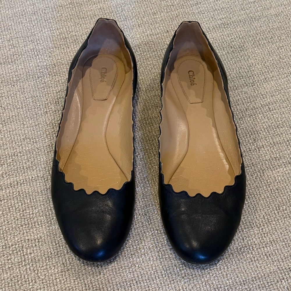 Chloe Navy Leather Scalloped Flats